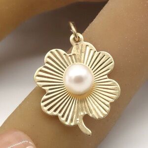 STUNNING Solid 14k Yellow Gold Pearl Leaf Pendant Charm Elegant Gift - SALE